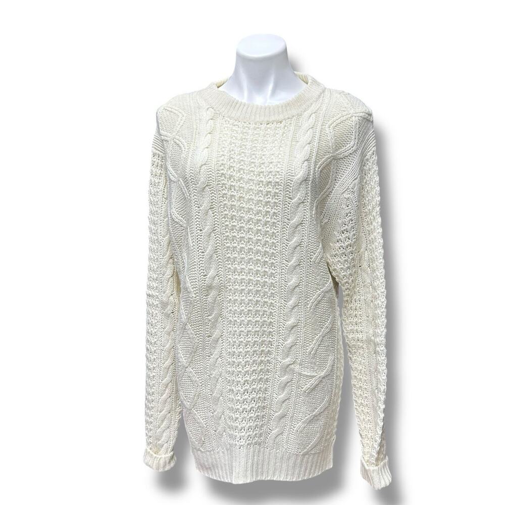 Vintage Cable Knit Sweater Womens Size Medium Ivory Sheer Fisherman 90s Classic